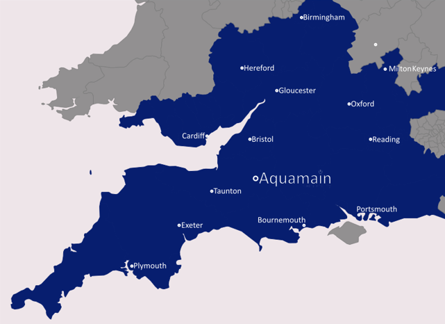 Map showing the service area which Aquamain cover in South West UK
